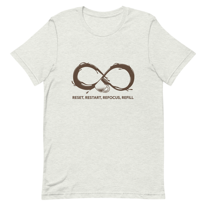 A coffee cup spills endlessly, forming an infinity symbol made of flowing coffee. This artwork celebrates the endless cycle of energy, focus, and motivation that keeps us going. Perfect for coffee lovers, caffeine addicts, and anyone who believes that every restart begins with a refill.