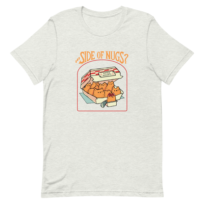A box of cute, cat-shaped chicken nuggets, with the text "side of nugs?" on top. A work of art that blends humor, kittens, and fast food.