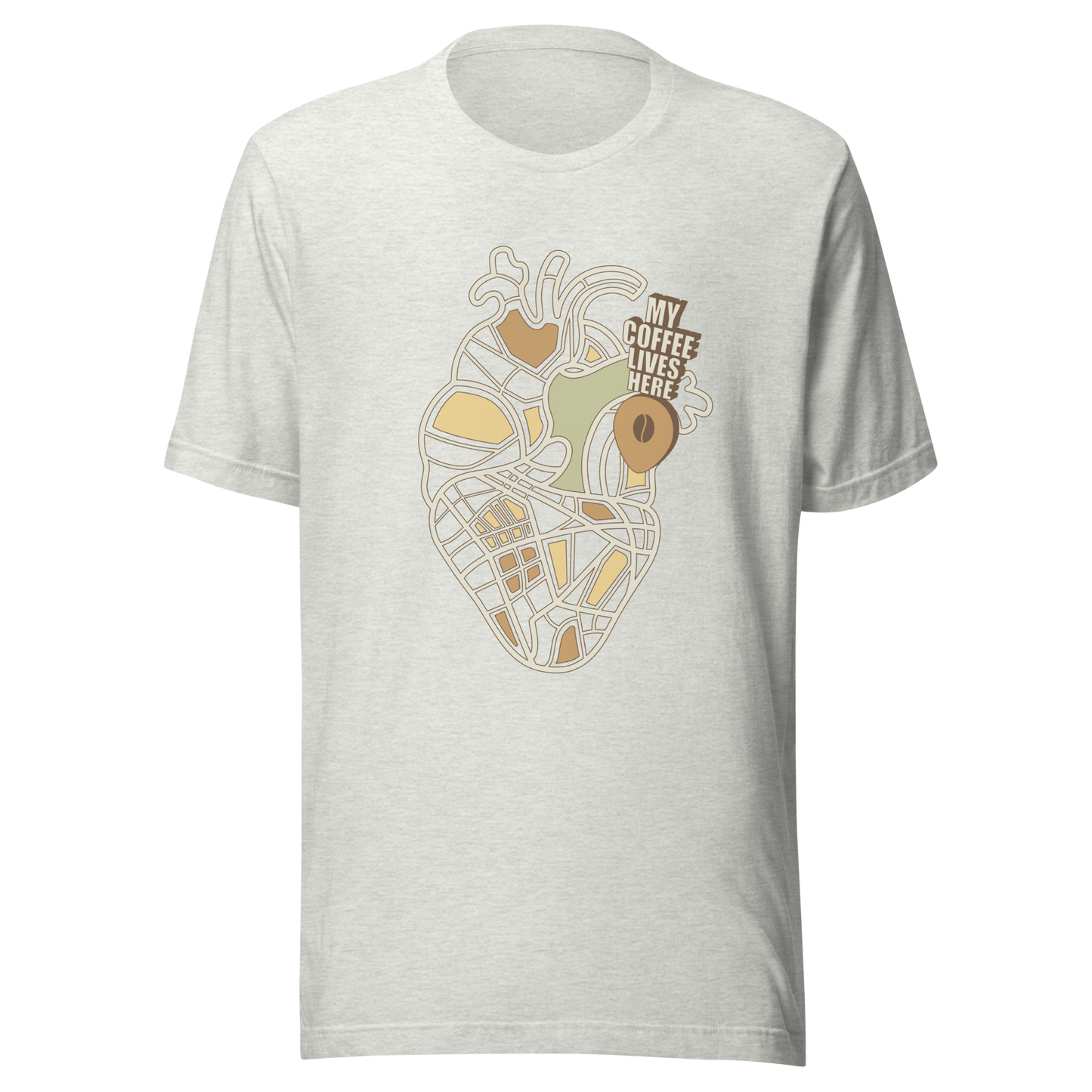 An anatomical heart illustrated like a map, marked with a small coffee-bean pin beside the phrase “My Coffee Lives Here”. A symbolic and cozy design that blends warmth and creativity, perfect for coffee lovers who treat their favorite brew as the fuel that keeps their heart beating.
