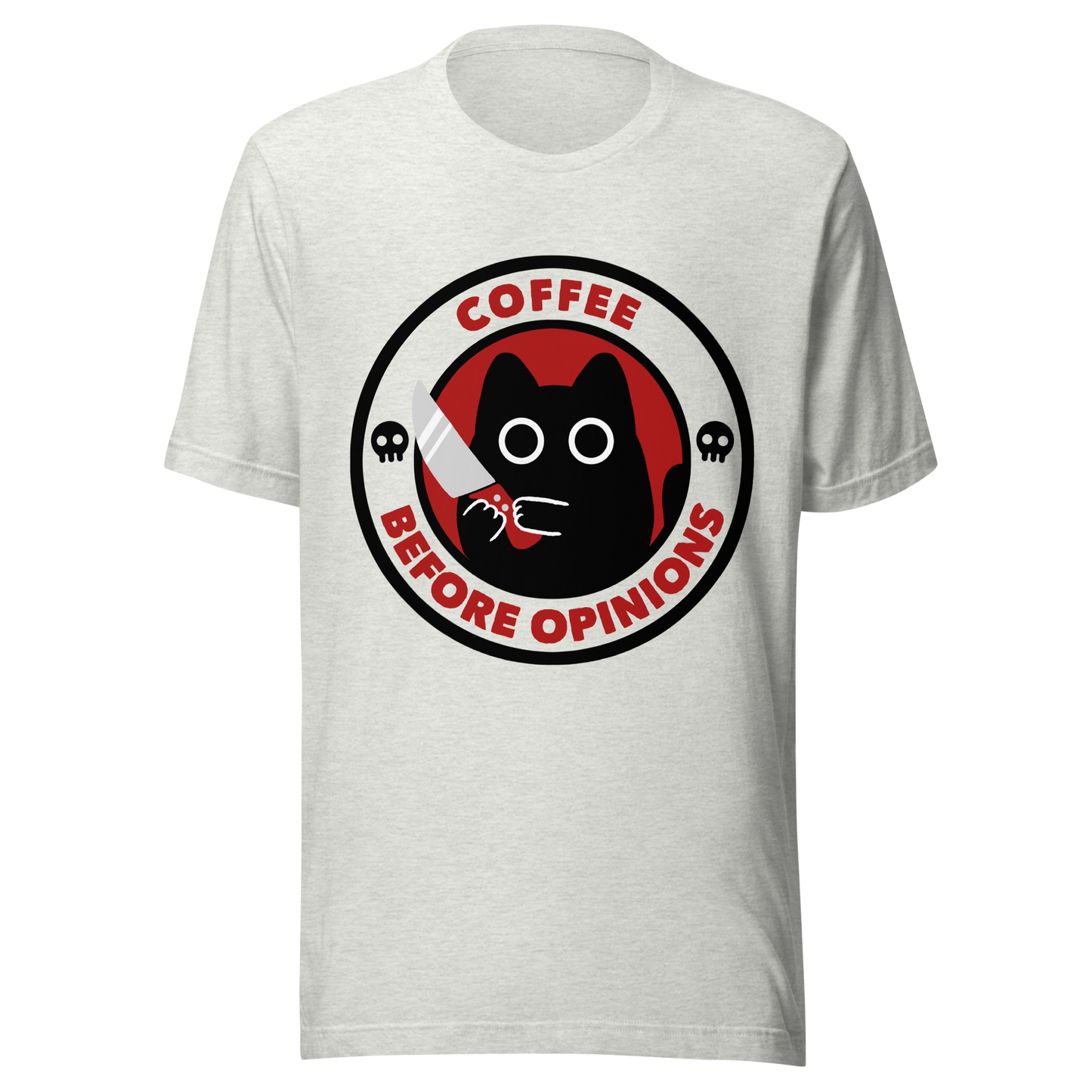 The illustration, in shades of red and black, features a wide-eyed black kitten holding a knife at the centre. Surrounding the cat is the phrase ‘Coffee Before Opinions’. A fun and cheeky gift for those who love cats and can’t function without their coffee.
