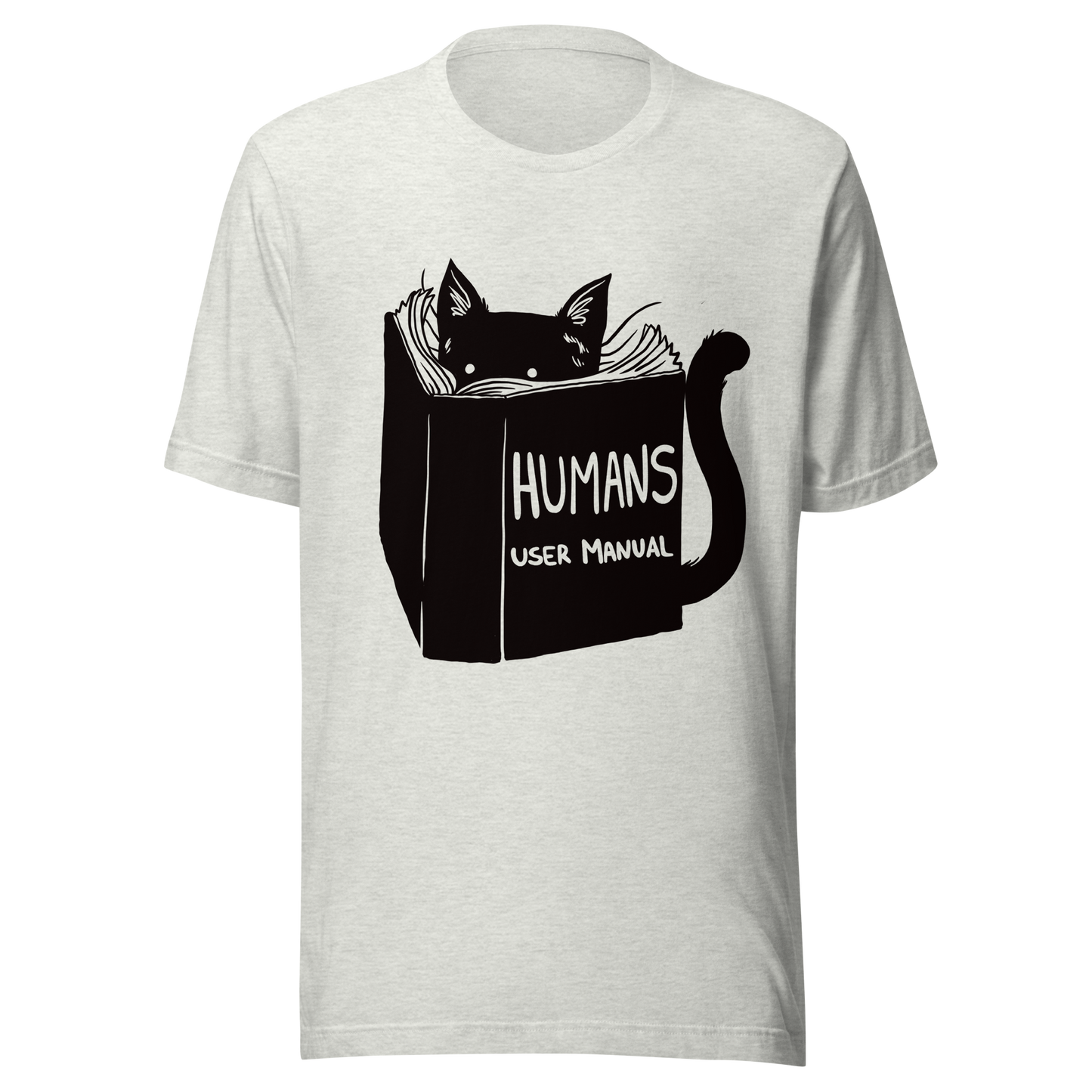 A kitten peeking out from behind a huge book titled "Humans: User Manual". This design plays on the idea that cats are trying to figure out how to control us. Perfect for cat lovers, book fans, and anyone who enjoys lighthearted humor in prints.