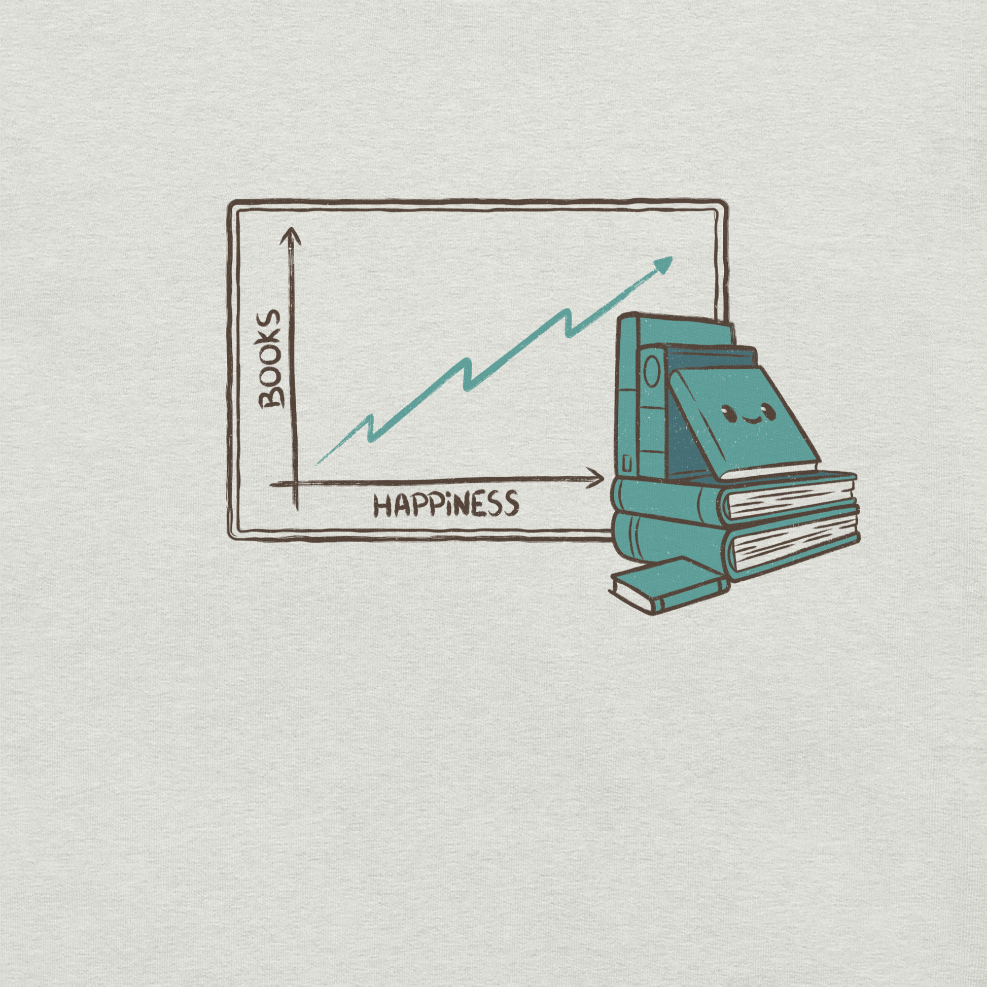 A graphic where happiness increases as the stack of books grows, accompanied by a cute little book with a friendly face. This design plays with the idea that reading is a direct fuel for well-being, mixing humor, cuteness, and a nerdy touch. Perfect for passionate readers, students, teachers, and anyone who finds joy in the pages of a good book.