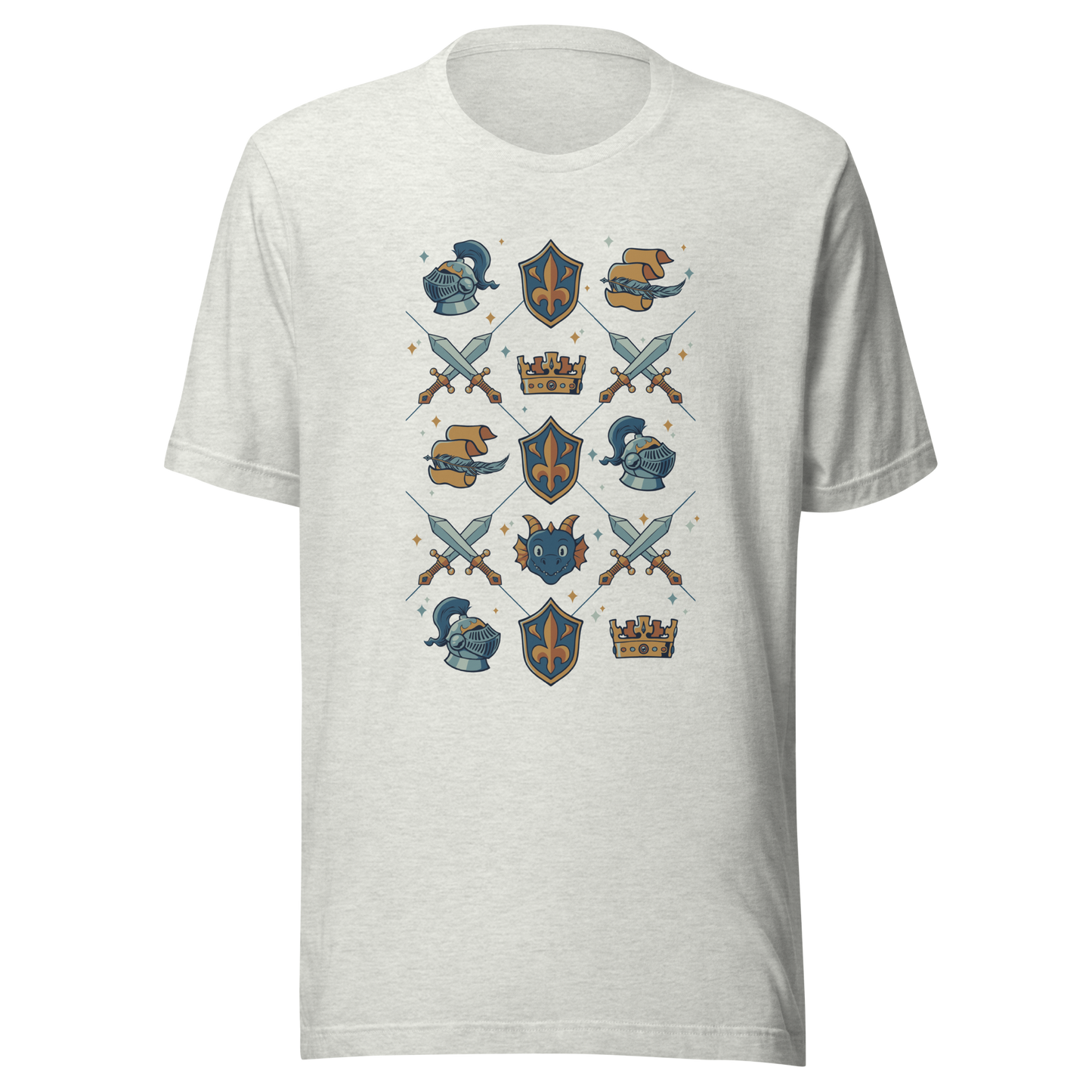 The artwork features swords, knight's helmets, crowns and dragons. Blending medieval fantasy with classic symbols of bravery, royalty, and magic, creating a strong and elegant composition. Ideal for fans of epic fantasy, knights, dragons, and anyone who loves prints with a heroic and stylish vibe.