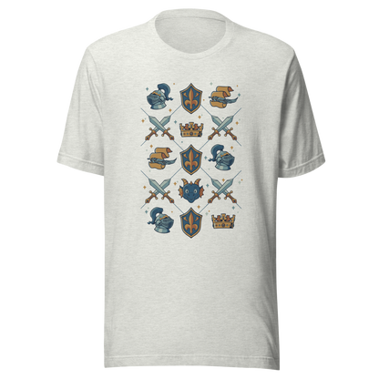 The artwork features swords, knight's helmets, crowns and dragons. Blending medieval fantasy with classic symbols of bravery, royalty, and magic, creating a strong and elegant composition. Ideal for fans of epic fantasy, knights, dragons, and anyone who loves prints with a heroic and stylish vibe.