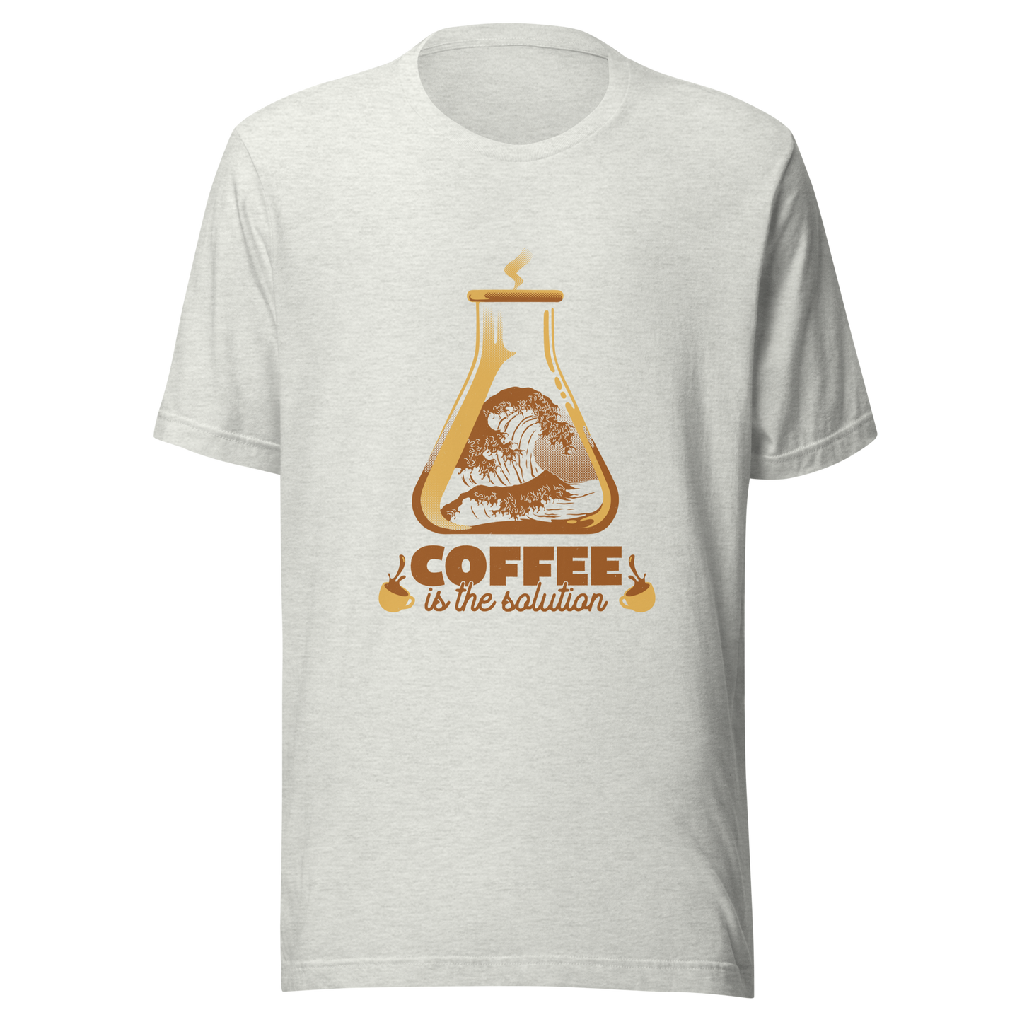 A stylized laboratory flask holding a powerful ocean wave, paired with bold retro typography reading ‘Coffee is the solution’. A playful design that blends science, humor, and coffee culture, perfect for coffee lovers, scientists, students, and anyone who believes caffeine solves most daily problems.