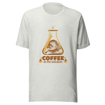A stylized laboratory flask holding a powerful ocean wave, paired with bold retro typography reading ‘Coffee is the solution’. A playful design that blends science, humor, and coffee culture, perfect for coffee lovers, scientists, students, and anyone who believes caffeine solves most daily problems.