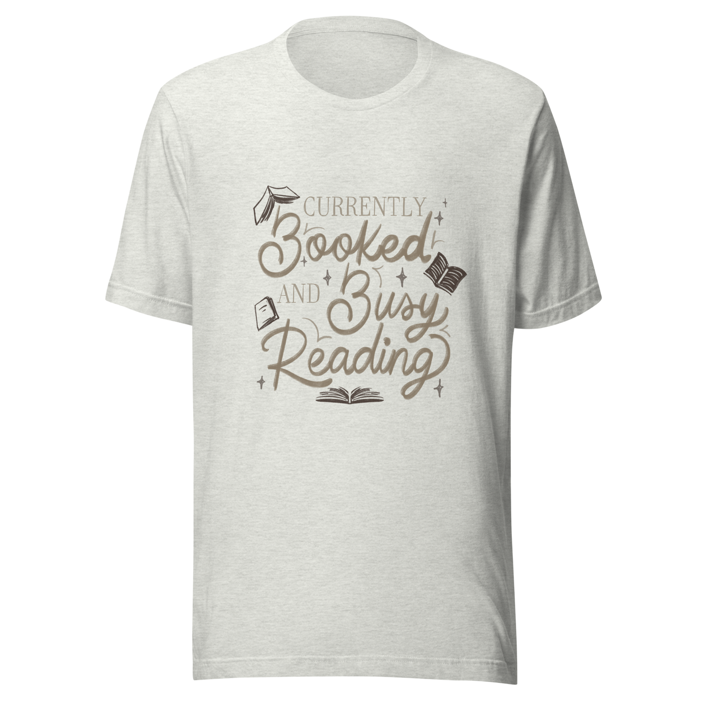 A warm hand-lettered typography featuring the phrase ‘Currently Booked and Busy Reading’, accented with delicate book illustrations and subtle sparkles on a dark background. A cozy, elegant design that celebrates the joy of reading, perfect for book lovers, students, introverts, and anyone who would rather be reading.