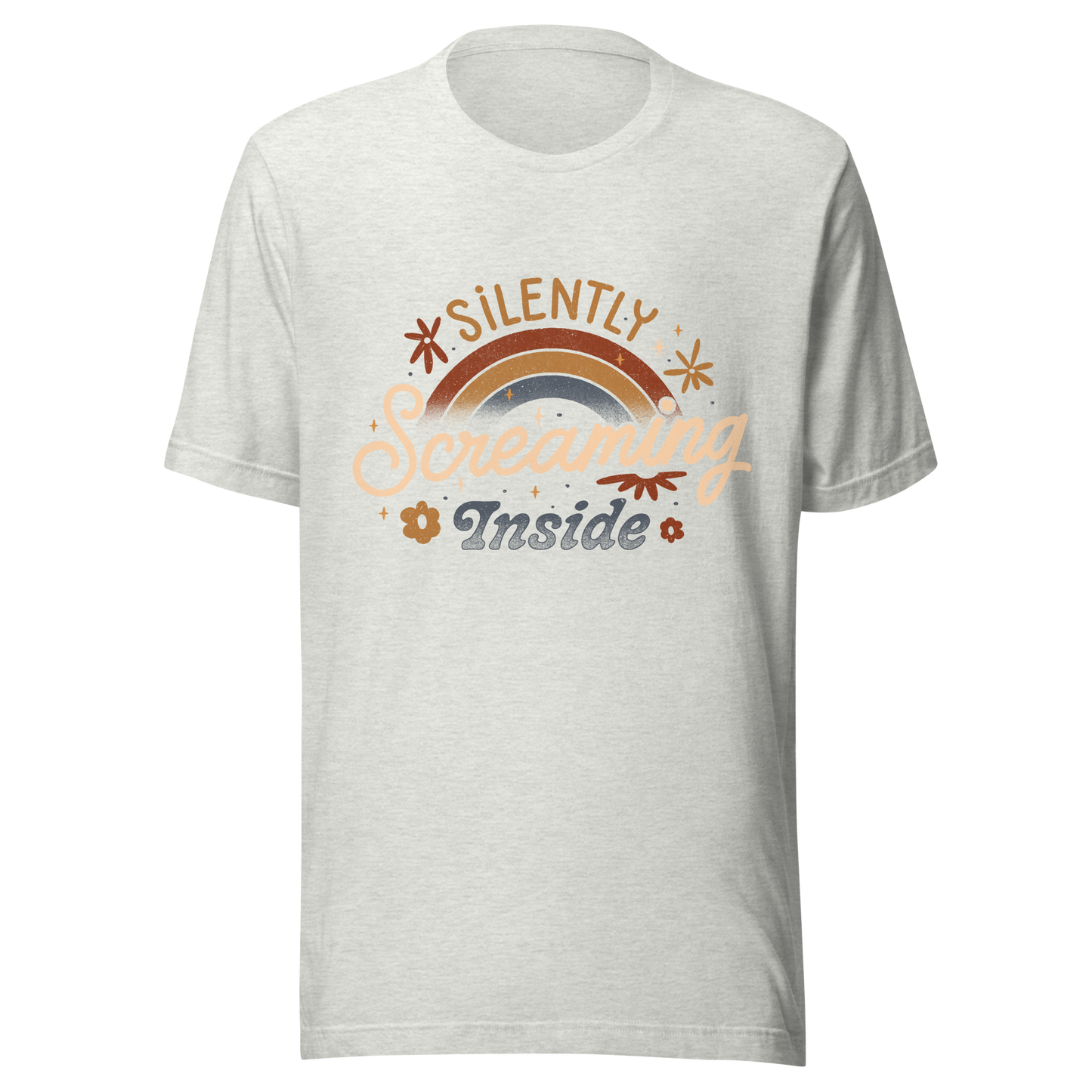 A fun and cute lettering design with a rainbow in the background and the phrase ‘Silently Screaming Inside’. The contrast between cheerful visuals and dark humour makes it perfect for those who cope with irony and sarcasm.