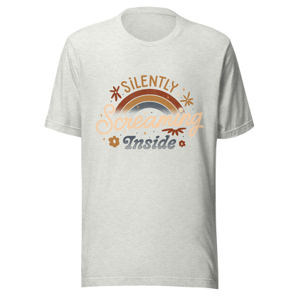 A fun and cute lettering design with a rainbow in the background and the phrase ‘Silently Screaming Inside’. The contrast between cheerful visuals and dark humour makes it perfect for those who cope with irony and sarcasm.