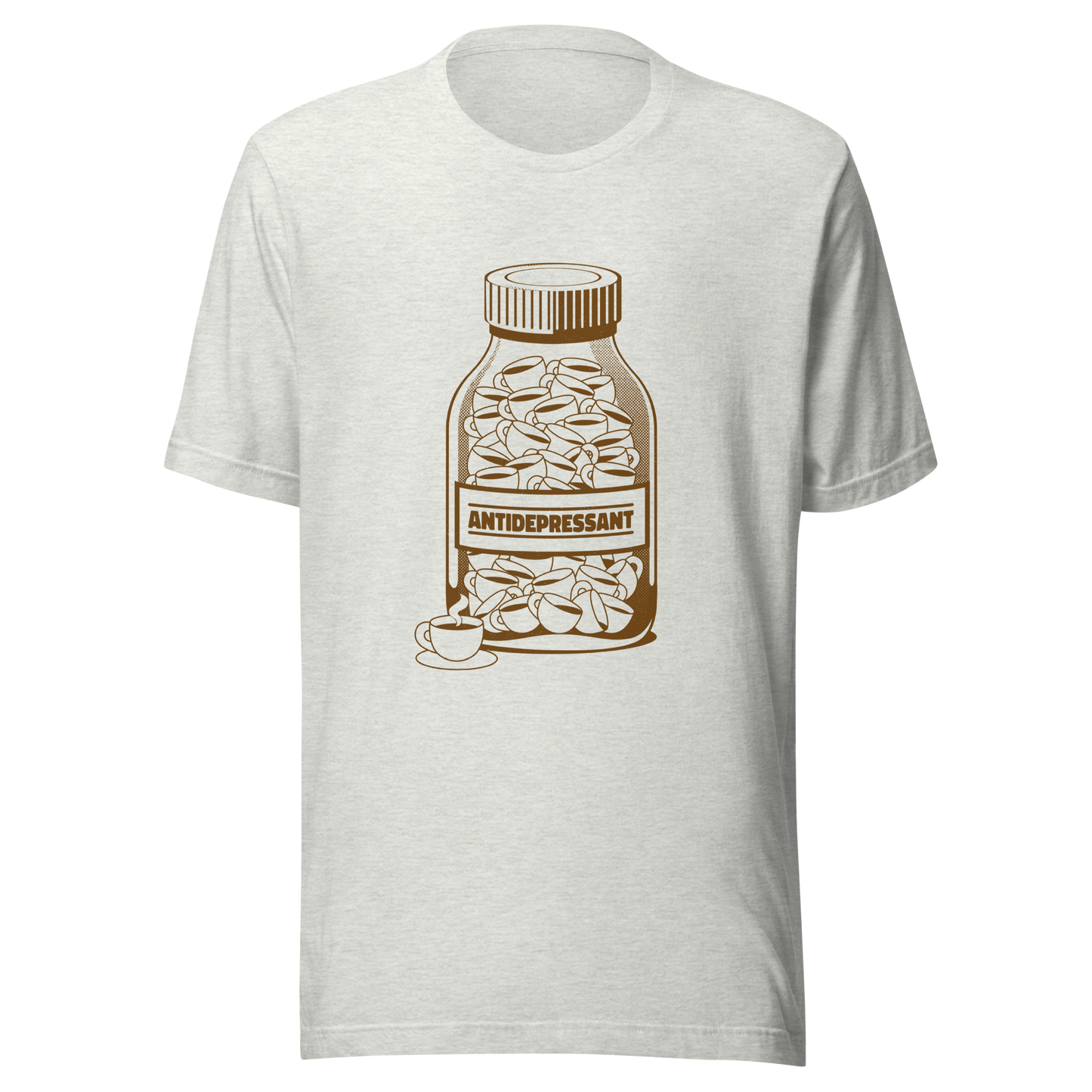 A medicine bottle filled with small coffee cups, labeled ‘antidepressant’. A playful, humorous design that celebrates coffee as a daily mood booster, perfect for coffee lovers who rely on caffeine to feel happier.