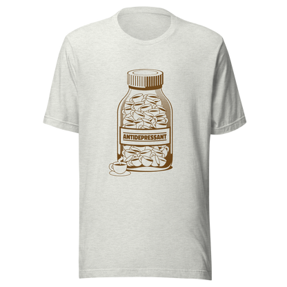 A medicine bottle filled with small coffee cups, labeled ‘antidepressant’. A playful, humorous design that celebrates coffee as a daily mood booster, perfect for coffee lovers who rely on caffeine to feel happier.