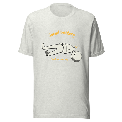 A cute character lying on the ground with their head separated from their body, paired with the phrase “Social Battery Sold Separately”. This humorous design captures the feeling of having no energy left for social interaction. Perfect for introverts and anyone who needs time alone to recharge, it’s a relatable and playful reminder that not everyone comes with a full social battery.