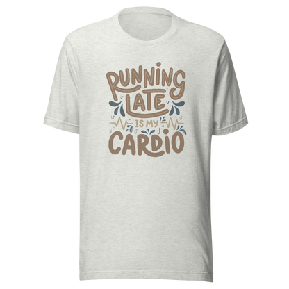 A playful hand-lettered typography design featuring the phrase “Running Late Is My Cardio,” with heartbeat lines and dynamic accents on the background. The artwork jokes that being late is the only form of exercise, poking fun at rushed mornings and chaotic routines with lighthearted humor. Ideal for chronically late people and anyone who loves good humor.