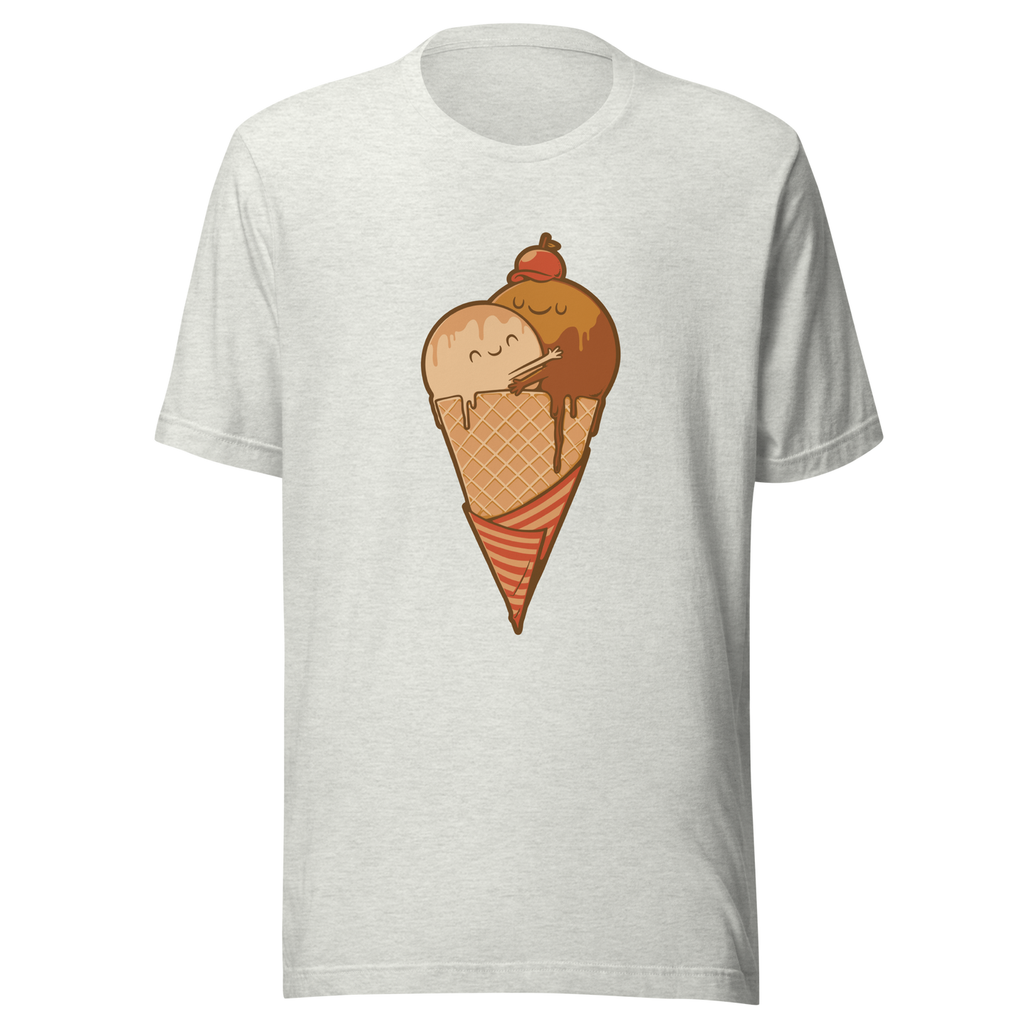 A cute illustration of an ice cream cone and two scoops hugging to form a heart, celebrating love, sweetness, and playful vibes. Perfect for dessert lovers and fans of adorable art.
