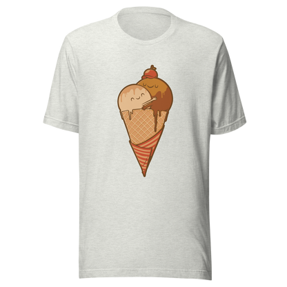 A cute illustration of an ice cream cone and two scoops hugging to form a heart, celebrating love, sweetness, and playful vibes. Perfect for dessert lovers and fans of adorable art.