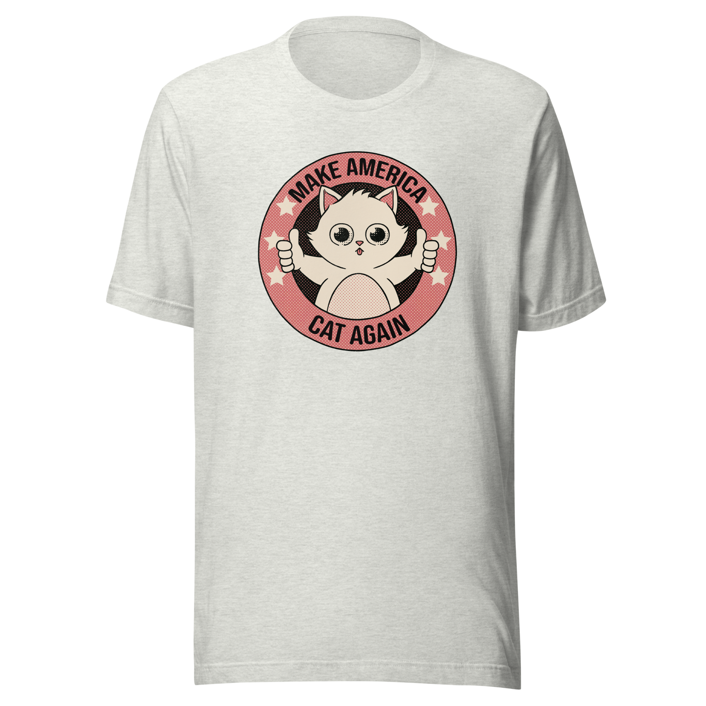 A stamp-style illustration of a cute kitten giving a two-finger thumbs-up, paired with the humorous phrase “Make America Cat Again”. A fun, ironic design for cat lovers and fans of playful pop culture art.