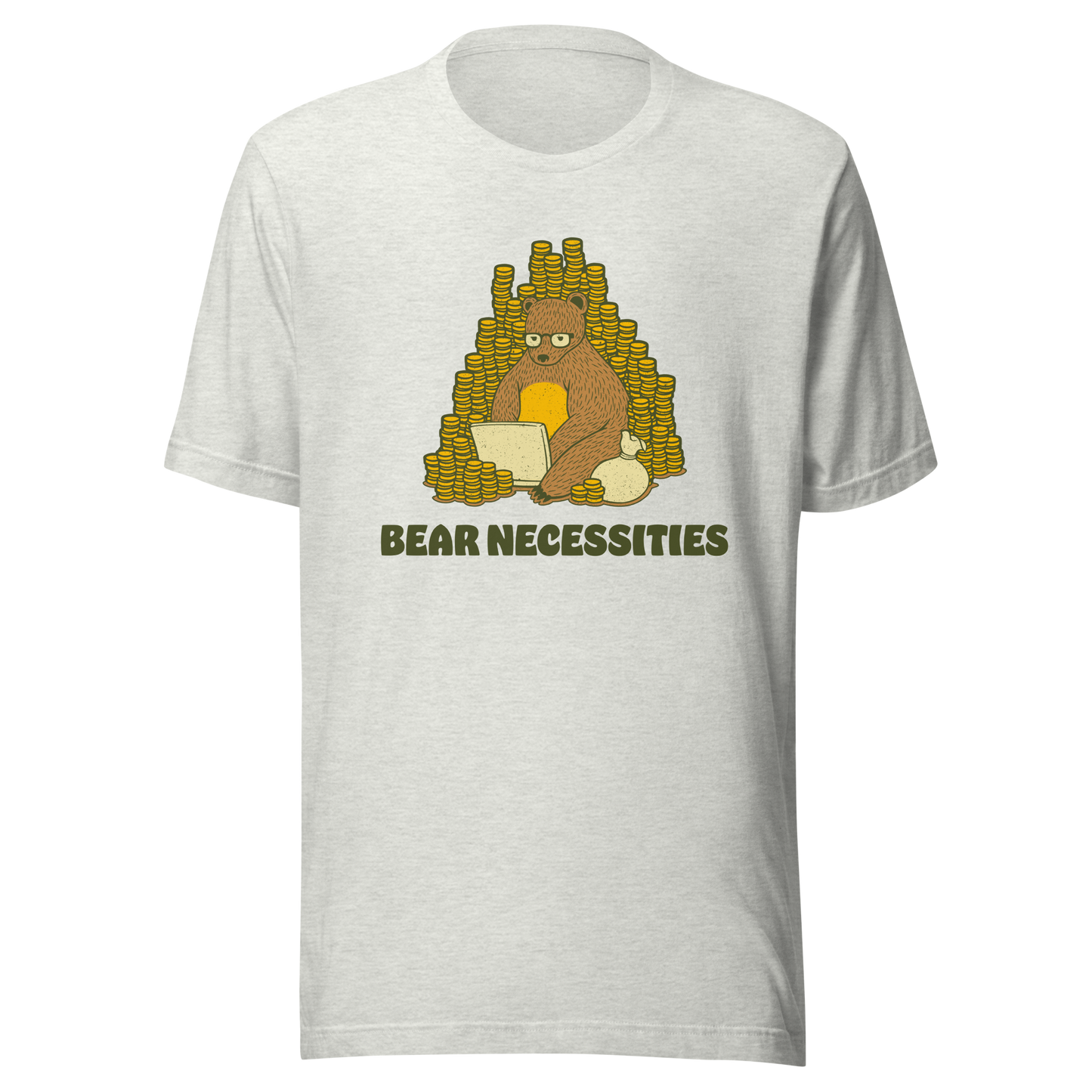 A brown bear wearing glasses works on his laptop, surrounded by stacks of coins. The phrase ‘Bear Necessities’ adds a clever, humorous twist. A minimalist and playful design, perfect for entrepreneurs, freelancers, office lovers and fans of witty animal art.