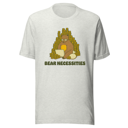 A brown bear wearing glasses works on his laptop, surrounded by stacks of coins. The phrase ‘Bear Necessities’ adds a clever, humorous twist. A minimalist and playful design, perfect for entrepreneurs, freelancers, office lovers and fans of witty animal art.