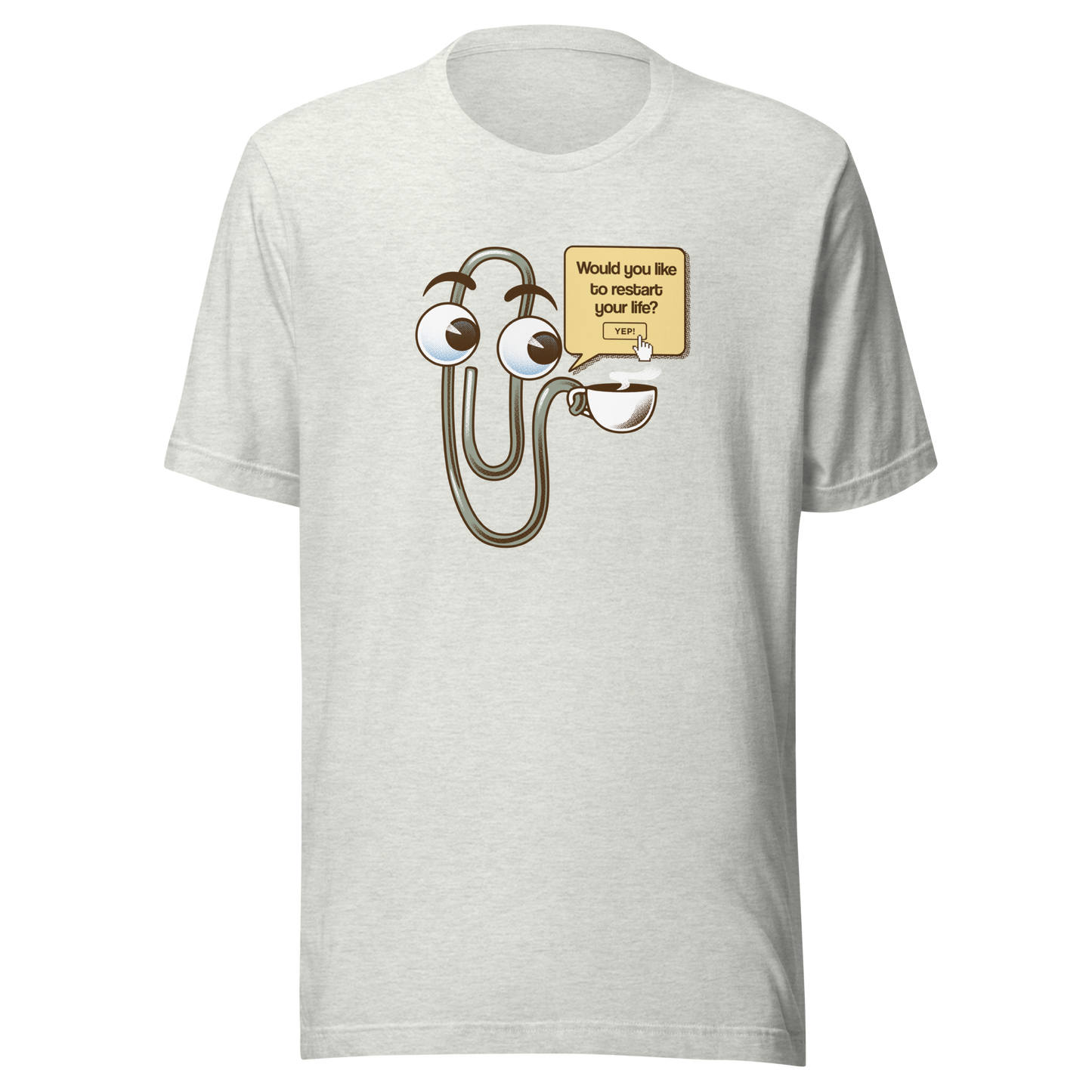 A playful paperclip character holding a cup of coffee with the phrase ‘You Look Like You Need a Coffee’. A witty, nostalgic design perfect for coffee lovers and fans of retro tech humour.