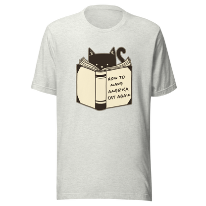 A minimalist illustration of a cat reading a book titled “How to Make America Cat Again”. A clean, witty design that blends feline charm with ironic humor, perfect for cat lovers and fans of clever, minimalist art.