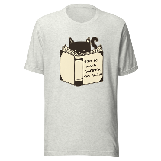 A minimalist illustration of a cat reading a book titled “How to Make America Cat Again”. A clean, witty design that blends feline charm with ironic humor, perfect for cat lovers and fans of clever, minimalist art.