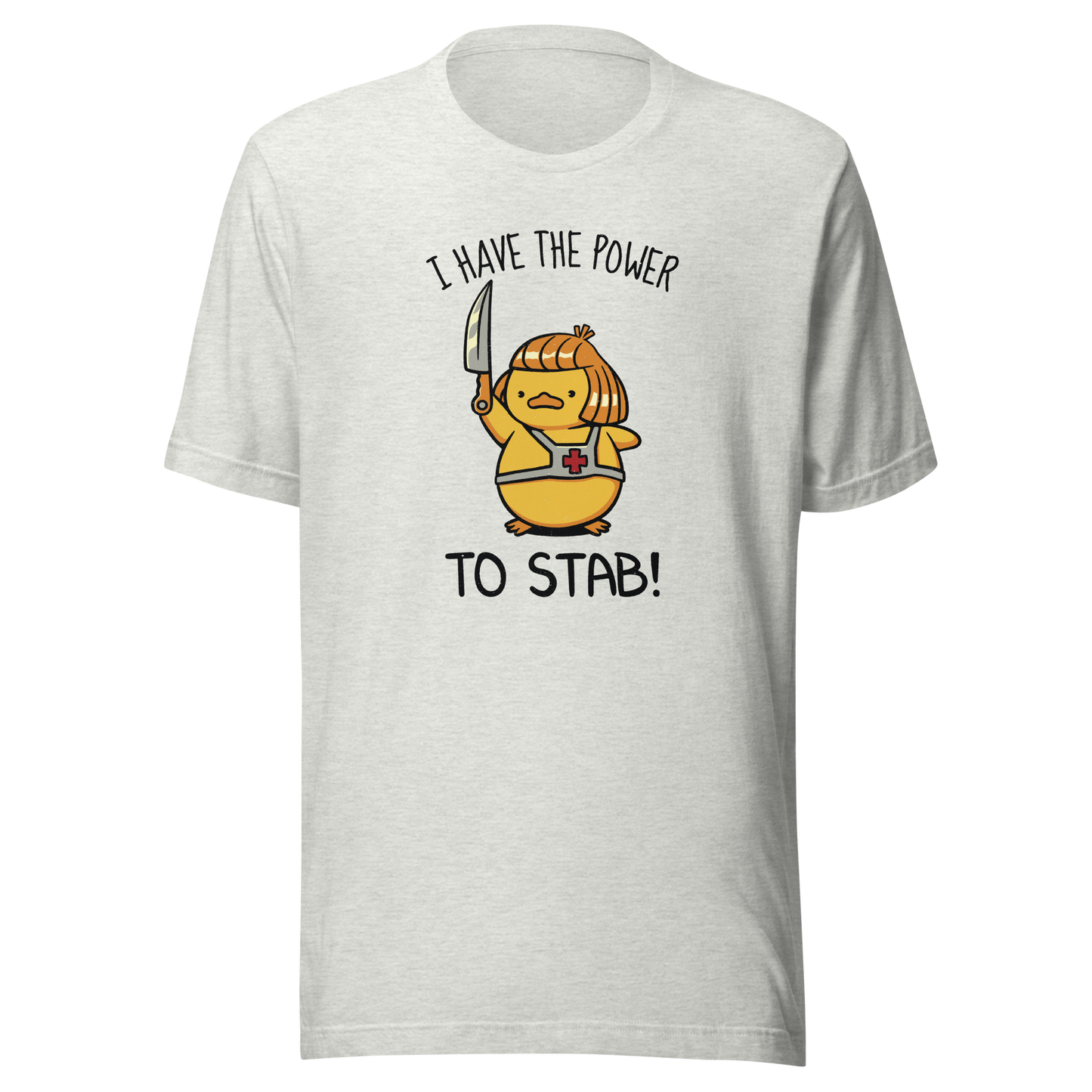 An illustration of a duck inspired by a classic '80s fantasy cartoon hero, dramatically holding a knife like a legendary sword beneath the phrase "I Have The Power To Stab." A fun parody design for fans of retro cartoons, nostalgic pop culture, fantasy adventures, and absurd animal humour.