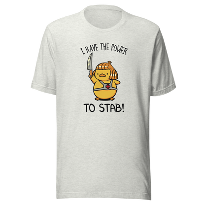 An illustration of a duck inspired by a classic '80s fantasy cartoon hero, dramatically holding a knife like a legendary sword beneath the phrase "I Have The Power To Stab." A fun parody design for fans of retro cartoons, nostalgic pop culture, fantasy adventures, and absurd animal humour.