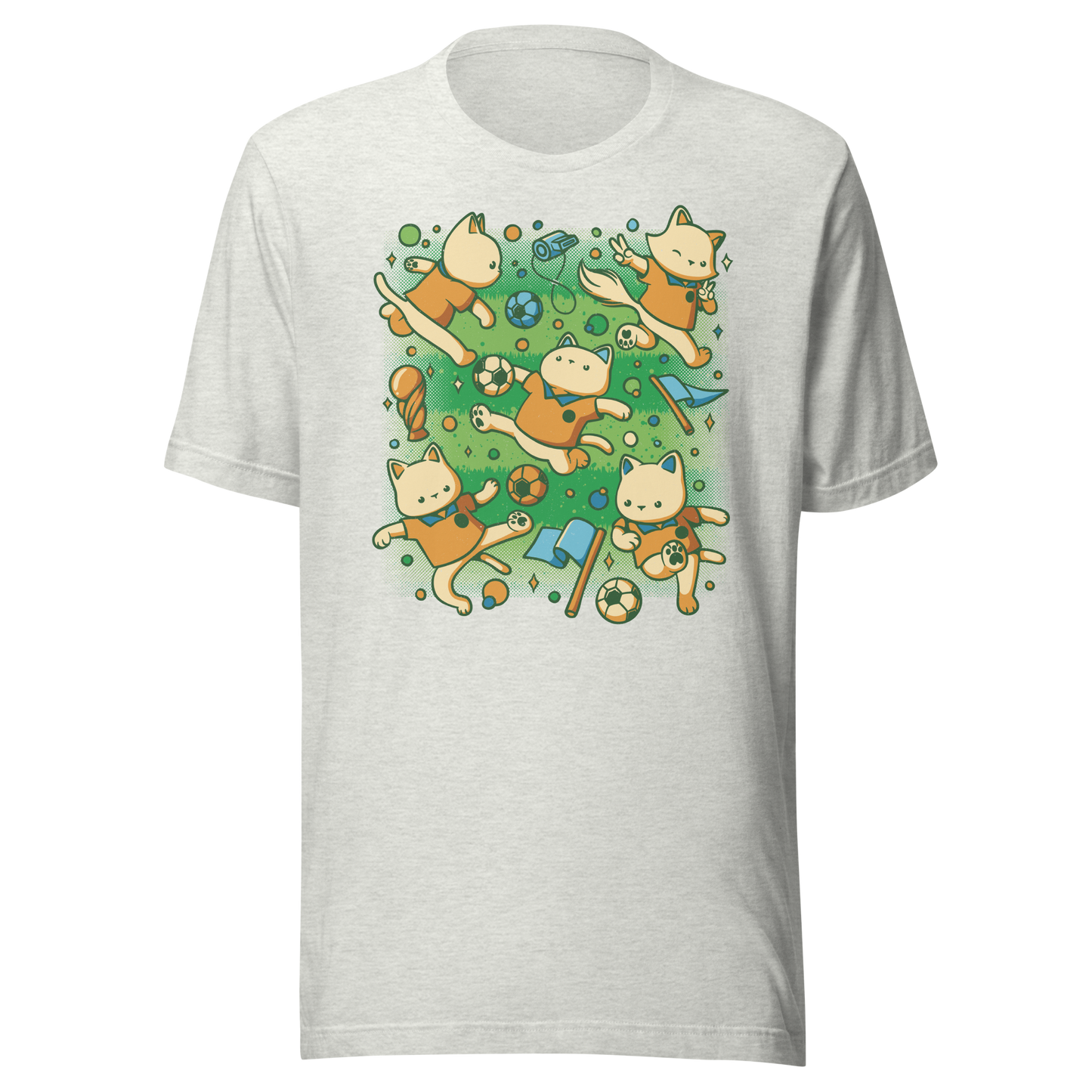 An artwork featuring several cats in soccer uniforms kicking a ball, surrounded by trophies, flags, and other football-inspired elements. A playful design perfect for cat lovers, soccer fans, and anyone who enjoys whimsical sports-themed art.