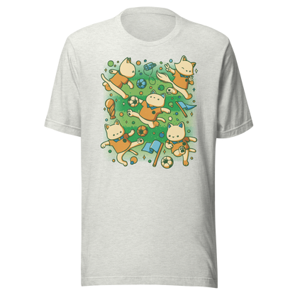 An artwork featuring several cats in soccer uniforms kicking a ball, surrounded by trophies, flags, and other football-inspired elements. A playful design perfect for cat lovers, soccer fans, and anyone who enjoys whimsical sports-themed art.
