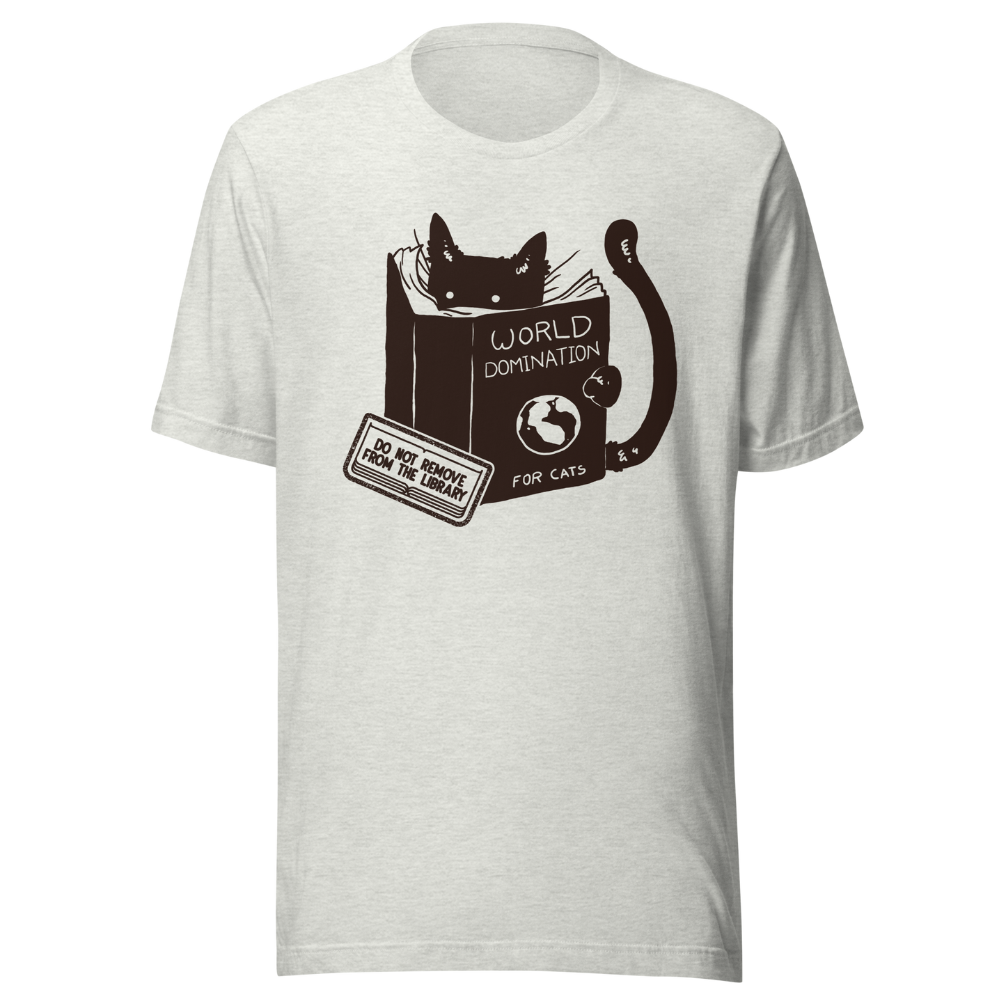 A minimalist illustration of a black kitten reading a book titled “World Domination for Cats,” featuring a humorous “Do Not Remove From Library” sticker. A playful artwork that captures the clever and ambitious nature of cats, perfect for cat lovers and fans of witty minimalist designs.