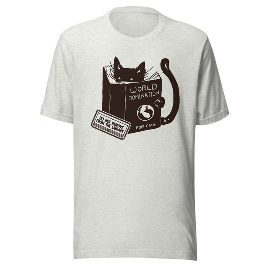 A minimalist illustration of a black kitten reading a book titled “World Domination for Cats,” featuring a humorous “Do Not Remove From Library” sticker. A playful artwork that captures the clever and ambitious nature of cats, perfect for cat lovers and fans of witty minimalist designs.
