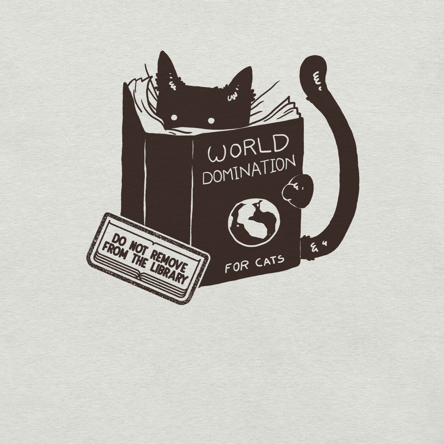 A minimalist illustration of a black kitten reading a book titled “World Domination for Cats,” featuring a humorous “Do Not Remove From Library” sticker. A playful artwork that captures the clever and ambitious nature of cats, perfect for cat lovers and fans of witty minimalist designs.