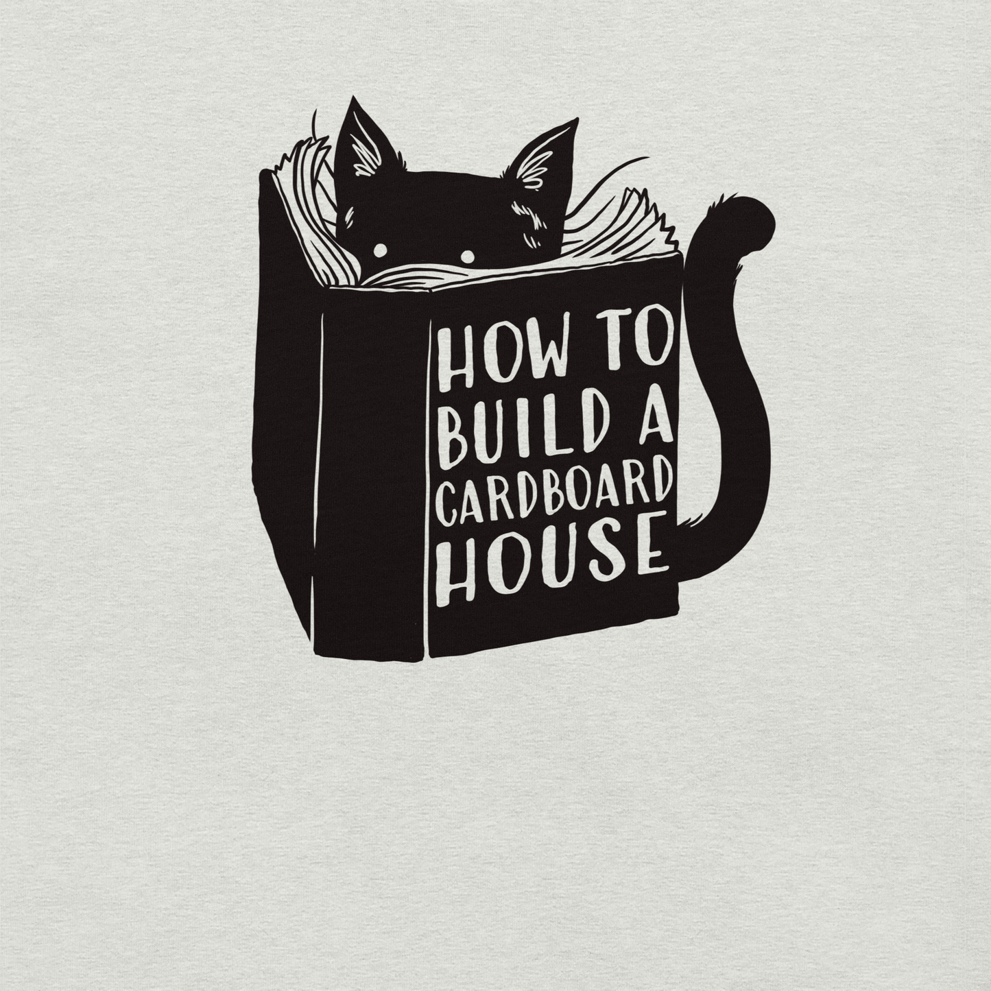 A minimalist illustration of a curious cat reading a book titled "How To Build A Cardboard House". A playful design that captures every cat’s true passion for cardboard boxes, perfect for cat lovers who appreciate subtle humor and clean, modern art.