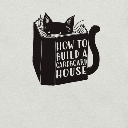 A minimalist illustration of a curious cat reading a book titled "How To Build A Cardboard House". A playful design that captures every cat’s true passion for cardboard boxes, perfect for cat lovers who appreciate subtle humor and clean, modern art.