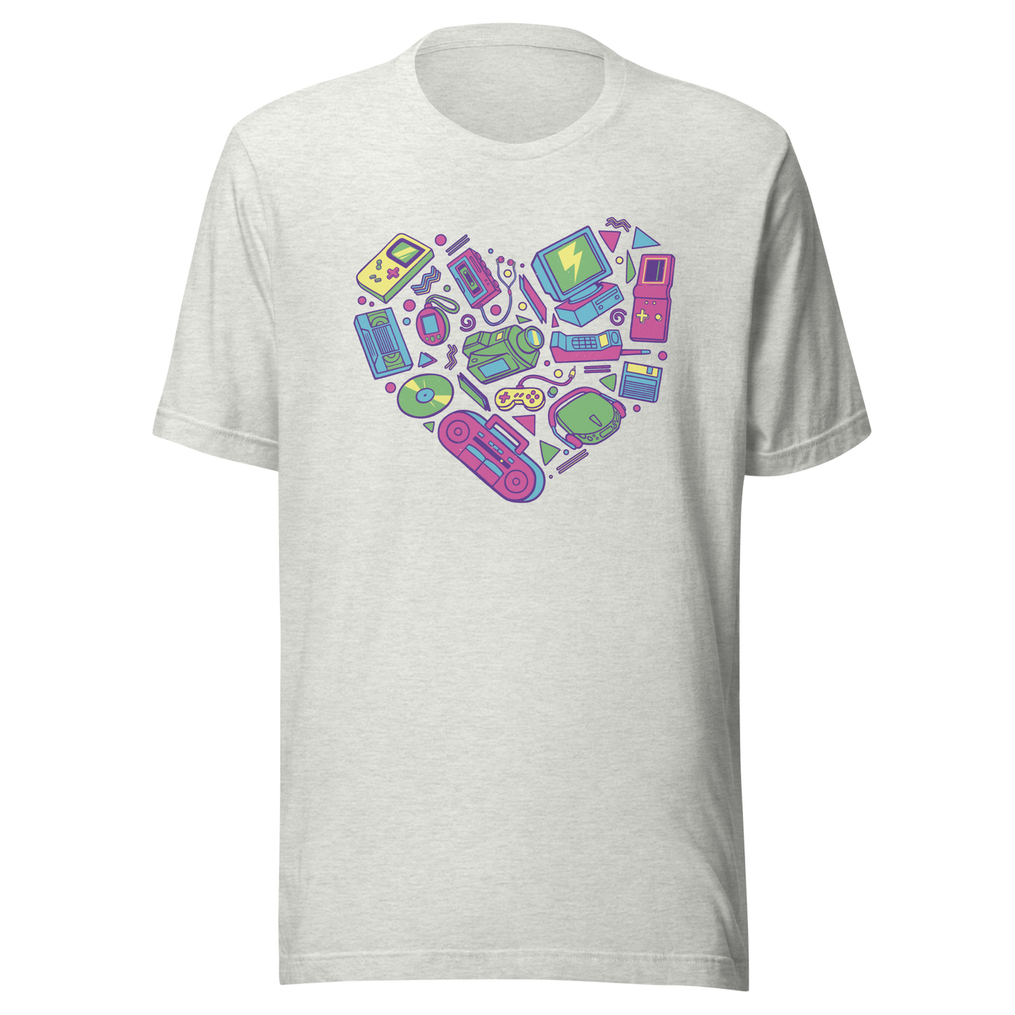 A heart made of iconic 90s electronics like computers, Walkmans, telephones, video game consoles, and Discmen, all in vibrant neon colours. A bold, nostalgic artwork perfect for anyone who loves retro tech and 90s vibes.