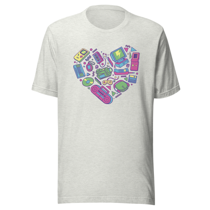 A heart made of iconic 90s electronics like computers, Walkmans, telephones, video game consoles, and Discmen, all in vibrant neon colours. A bold, nostalgic artwork perfect for anyone who loves retro tech and 90s vibes.