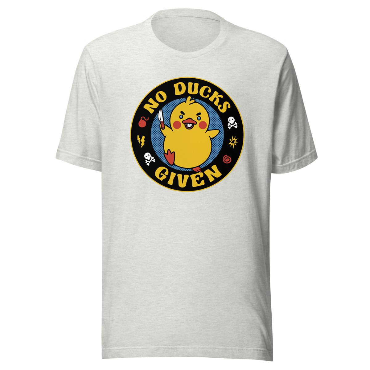 A cute yellow duck holding a small knife, around it the text "No Ducks Given". An art that mixes humor with the temperament of ducks.