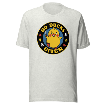 A cute yellow duck holding a small knife, around it the text "No Ducks Given". An art that mixes humor with the temperament of ducks.