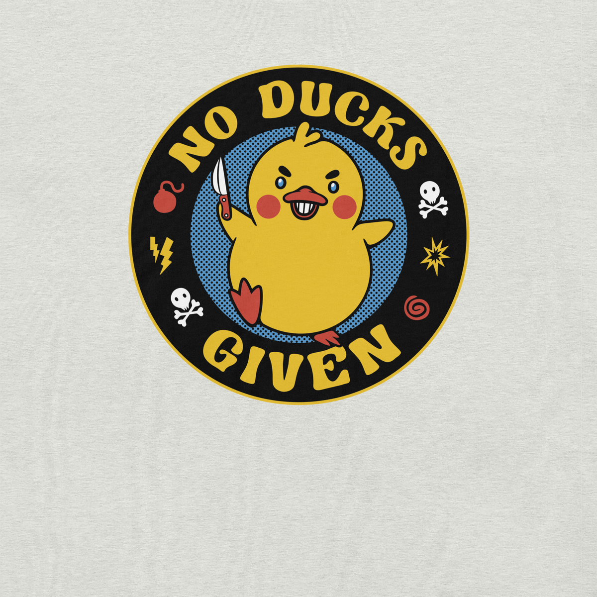 A cute yellow duck holding a small knife, around it the text "No Ducks Given". An art that mixes humor with the temperament of ducks.