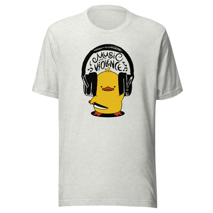 This fun and provocative design features a cute duckling holding a knife in one hand, with large headphones over its head, inside the headphones, the phrase "Music and Violence”. The duckling, associated with innocence and cuteness, here carries a knife and wears large headphones, an unusual fusion of sweetness and rebellion that creates a comical scene. This is the perfect gift for duck lovers, fans of pop culture, music, and anyone who likes acidic humor and alternative fashion.