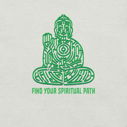 A garden maze shaped like a meditating Buddha, accompanied by the phrase ‘Find Your Spiritual Path’. This symbolic design represents the journey of overcoming life’s challenges and searching for inner balance. A thoughtful artwork for people interested in spirituality, mindfulness, and personal growth.