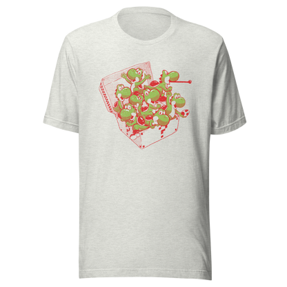 Multiple green dinosaurs packed inside an open takeaway box in a playful cartoon composition.