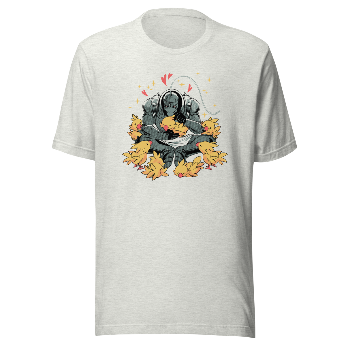 A dark armored warrior sits cross-legged, gently cuddling a group of fluffy yellow birds. Pink hearts and golden sparkles surround the unlikely duo, creating a humorous contrast between a fierce appearance and a tender, affectionate side.