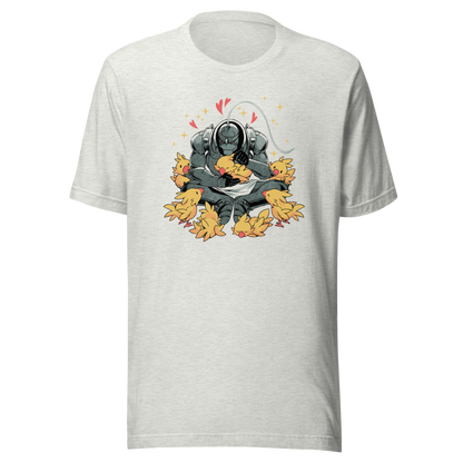 A dark armored warrior sits cross-legged, gently cuddling a group of fluffy yellow birds. Pink hearts and golden sparkles surround the unlikely duo, creating a humorous contrast between a fierce appearance and a tender, affectionate side.