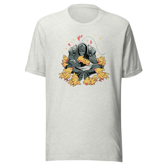 A dark armored warrior sits cross-legged, gently cuddling a group of fluffy yellow birds. Pink hearts and golden sparkles surround the unlikely duo, creating a humorous contrast between a fierce appearance and a tender, affectionate side.