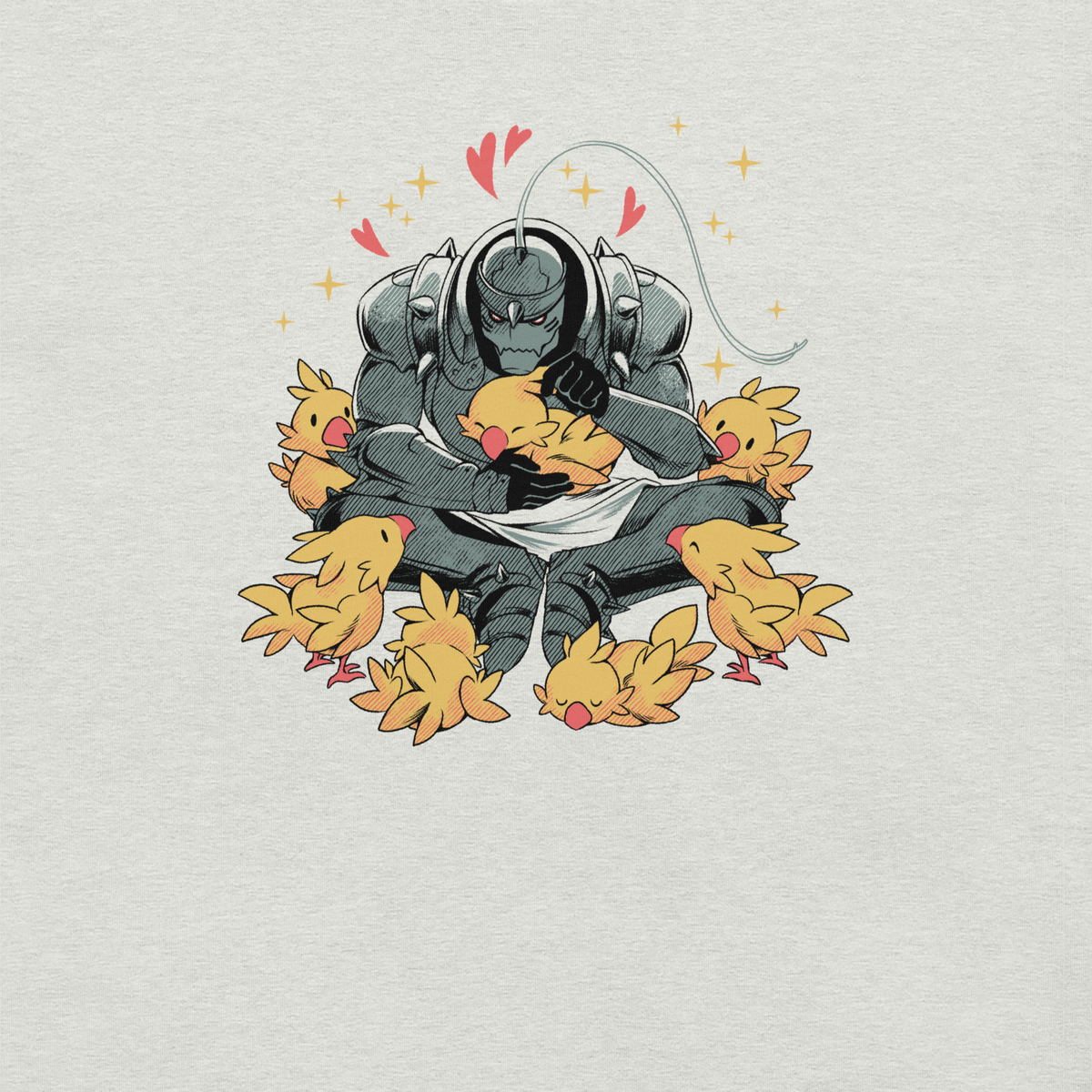 A dark armored warrior sits cross-legged, gently cuddling a group of fluffy yellow birds. Pink hearts and golden sparkles surround the unlikely duo, creating a humorous contrast between a fierce appearance and a tender, affectionate side.