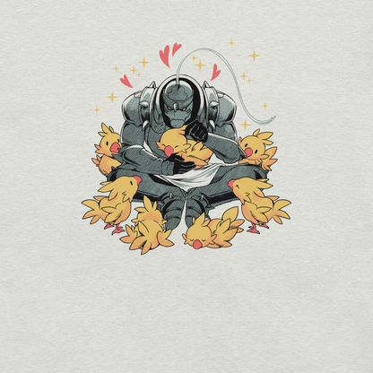A dark armored warrior sits cross-legged, gently cuddling a group of fluffy yellow birds. Pink hearts and golden sparkles surround the unlikely duo, creating a humorous contrast between a fierce appearance and a tender, affectionate side.