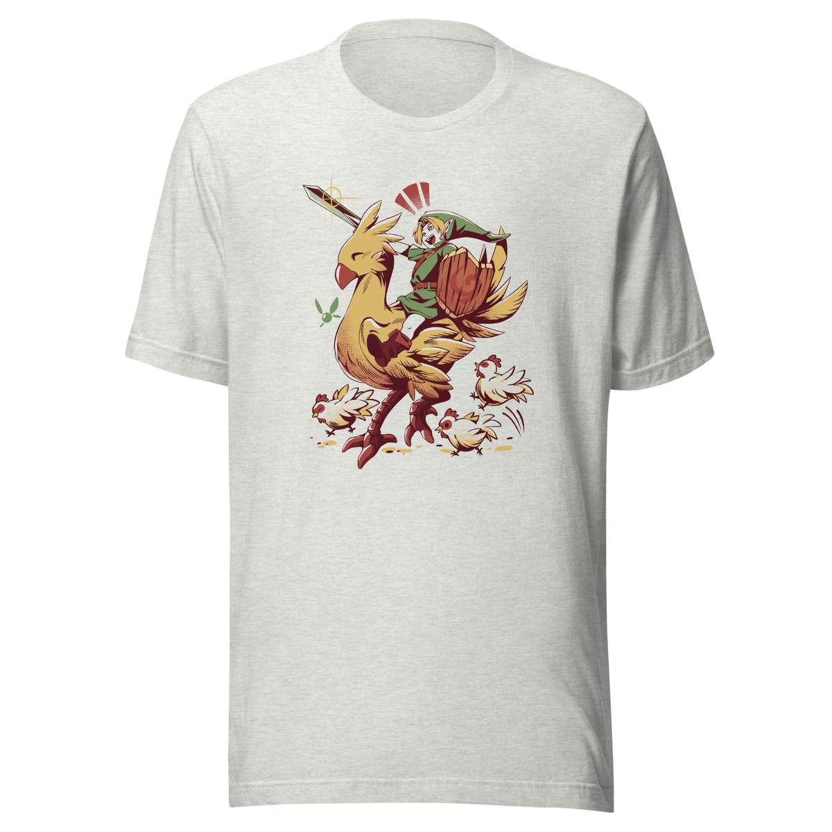 A playful fantasy illustration of a brave young hero riding a giant golden bird while holding a sword and shield.