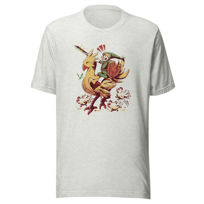 A playful fantasy illustration of a brave young hero riding a giant golden bird while holding a sword and shield.