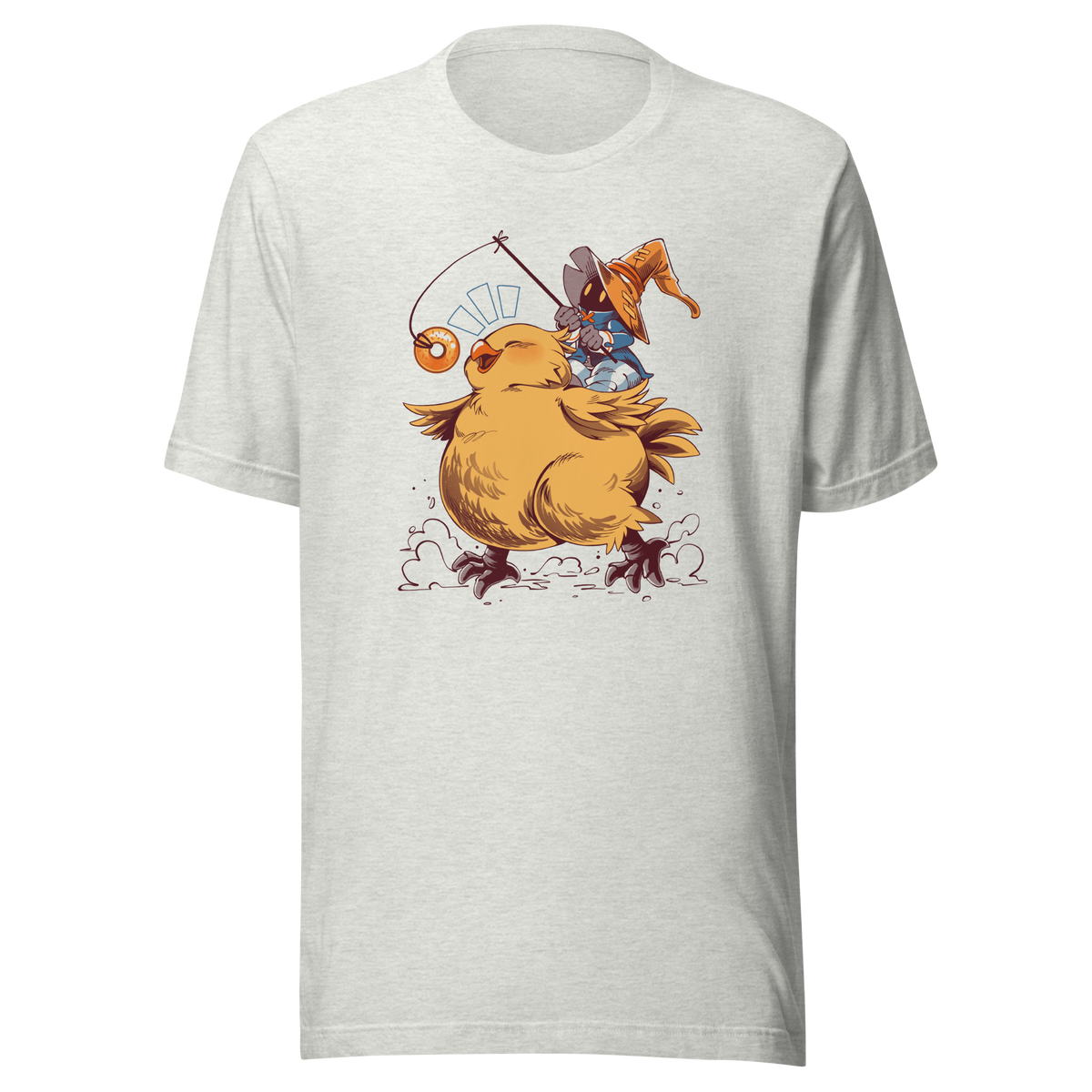 A tiny wizard rides a chunky yellow bird while chasing a dangling donut, mixing cute fantasy chaos, retro RPG charm, and playful adventure in a fun whimsical design.